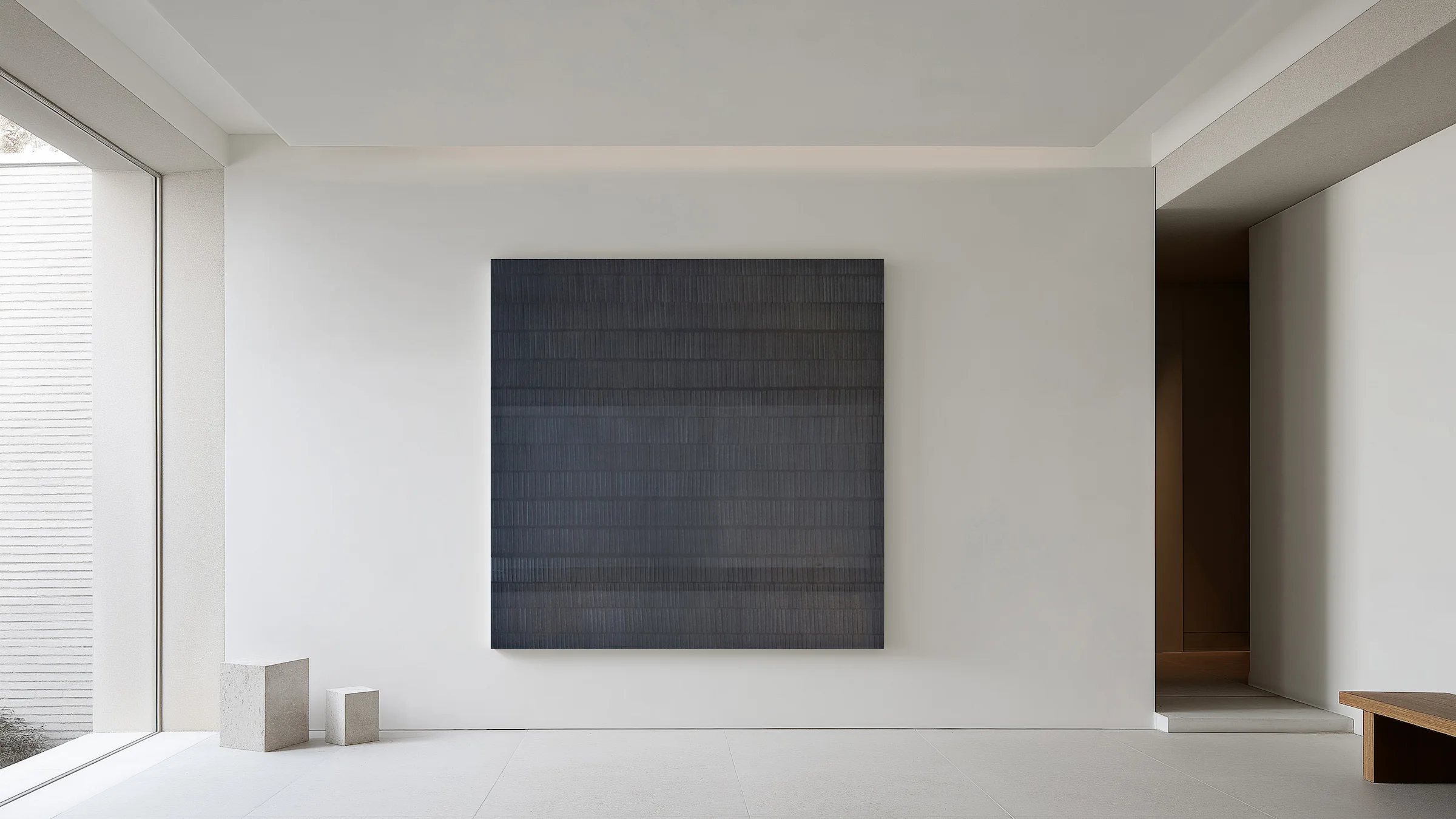 Large-format contemporary painting by Marta Rószczka in shades of navy and gray, minimalist wall
art for home or collectors.