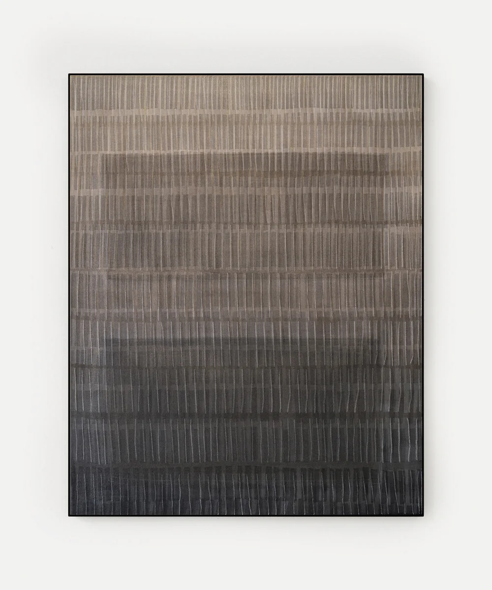 Minimalist contemporary art on canvas in beige and black with subtle gradients and vertical accents.