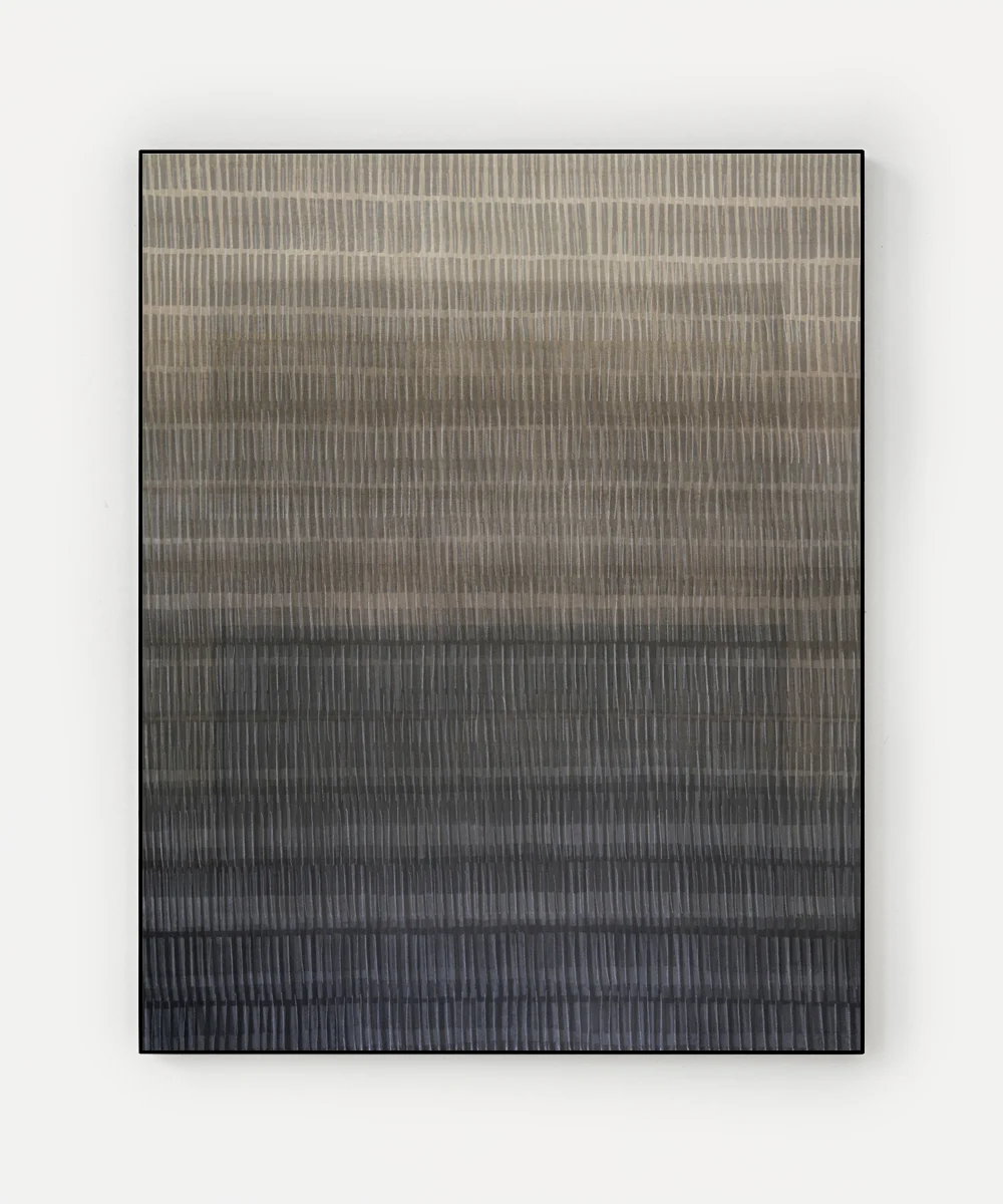 Abstract contemporary large format painting in beige and graphite, featuring layered gradients and
vertical accents