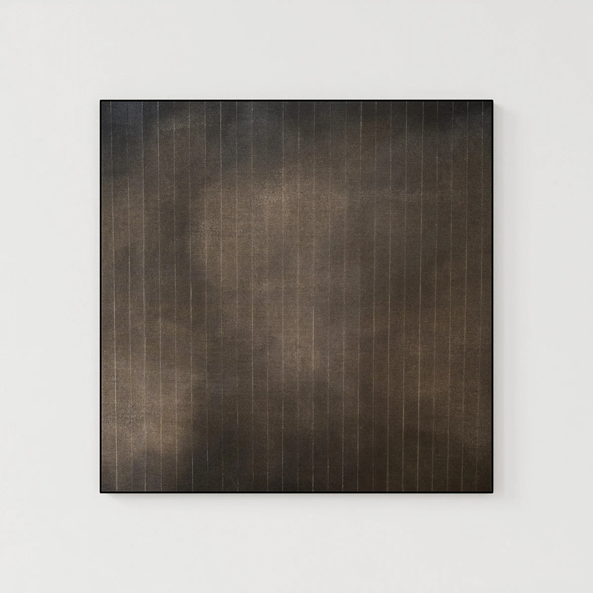 Minimalist abstract painting from the 'Strips' series by Marta Rószczka, in cool browns, black, beige,
and white, with subtle vertical line accents.