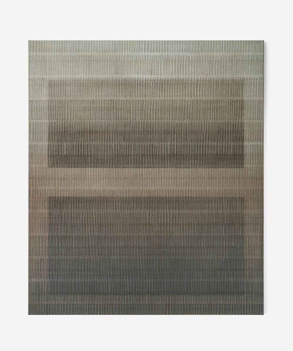 Original minimalist acrylic painting by Marta Rószczka, beige and taupe layered strokes with embedded rectangular form.