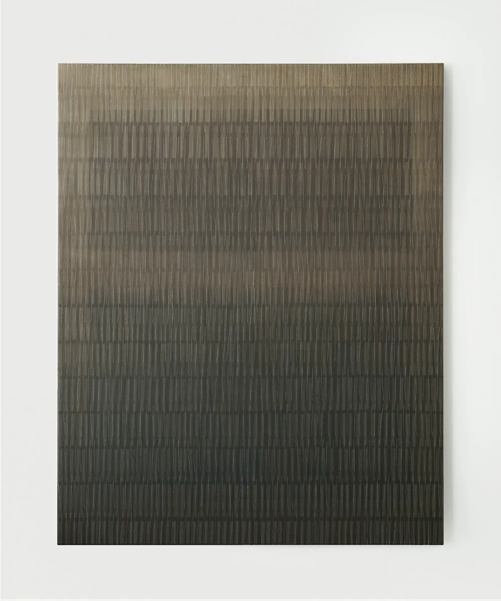 Contemporary abstract painting by Marta Rószczka, golden brown fading to near-black with fine vertical line pattern on linen canvas.