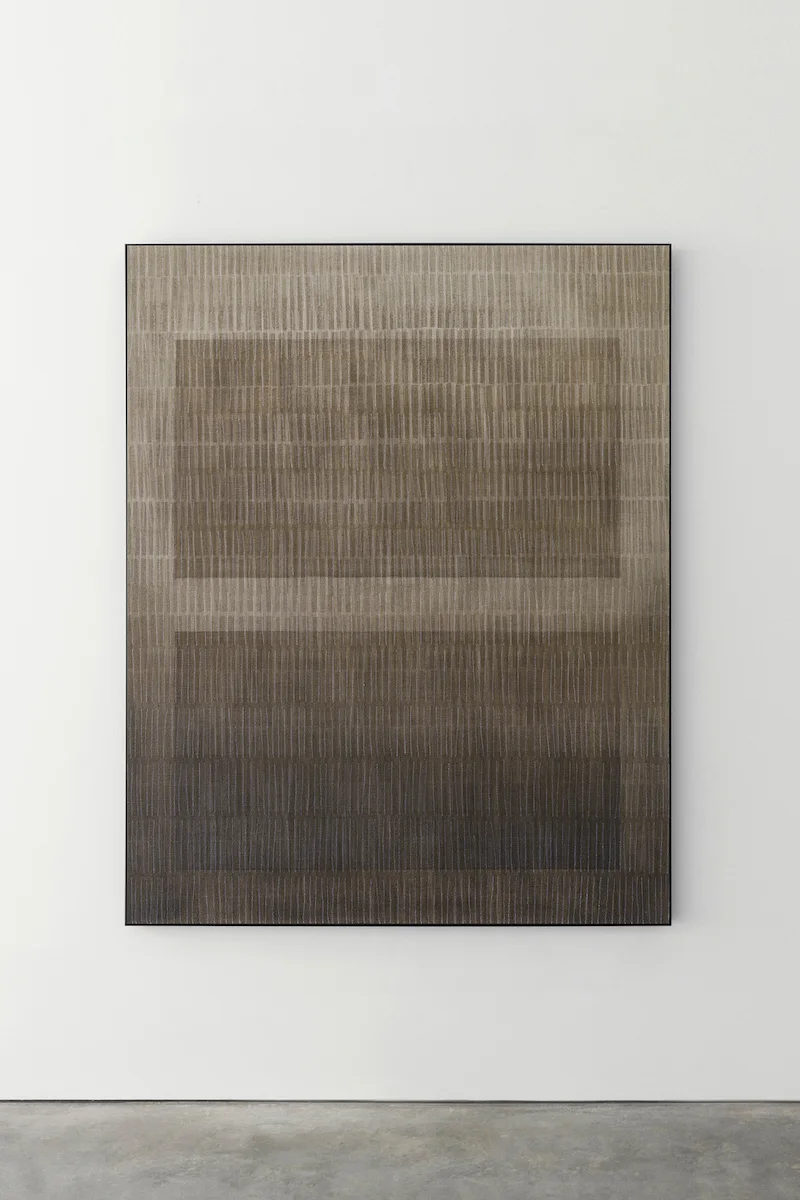 Between – large scale minimalist painting by Marta Rószczka, beige and brown gradient on linen,contemporary fine art.