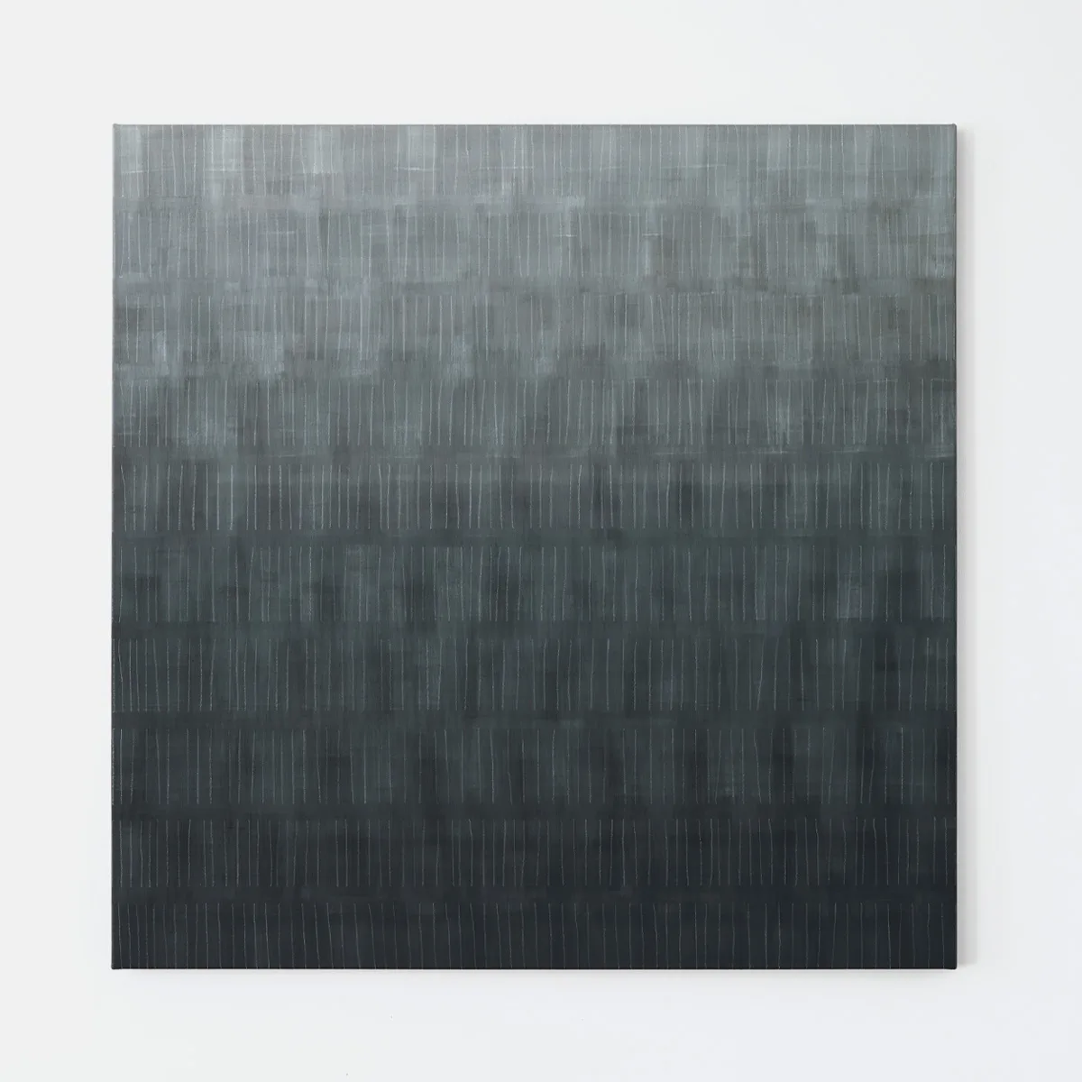 Gradient acrylic painting by Marta Rószczka, dark grey to soft blue-grey with blurred vertical lines on stretched canvas.