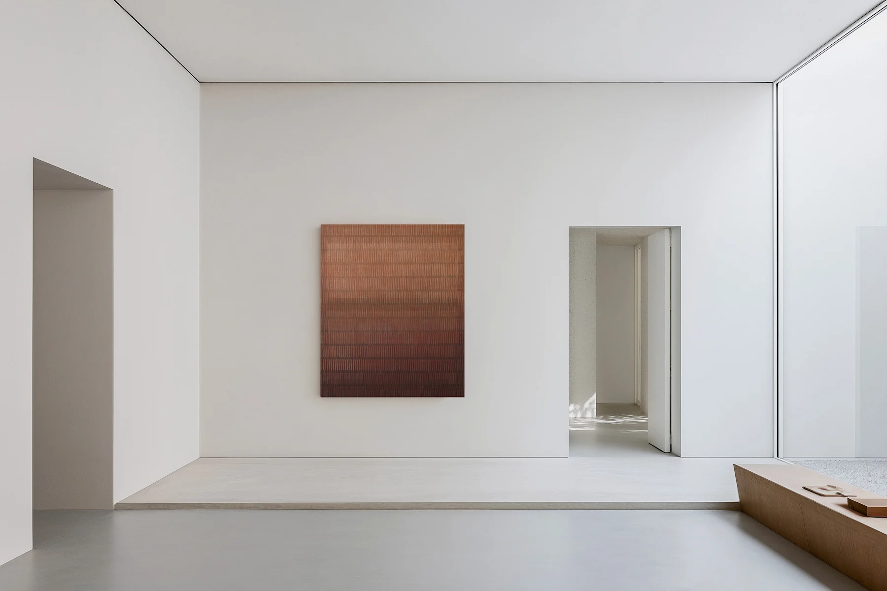 Minimalist acrylic painting on linen canvas by Marta Rószczka, warm terracotta and deep brown with rhythmic vertical brushstrokes.