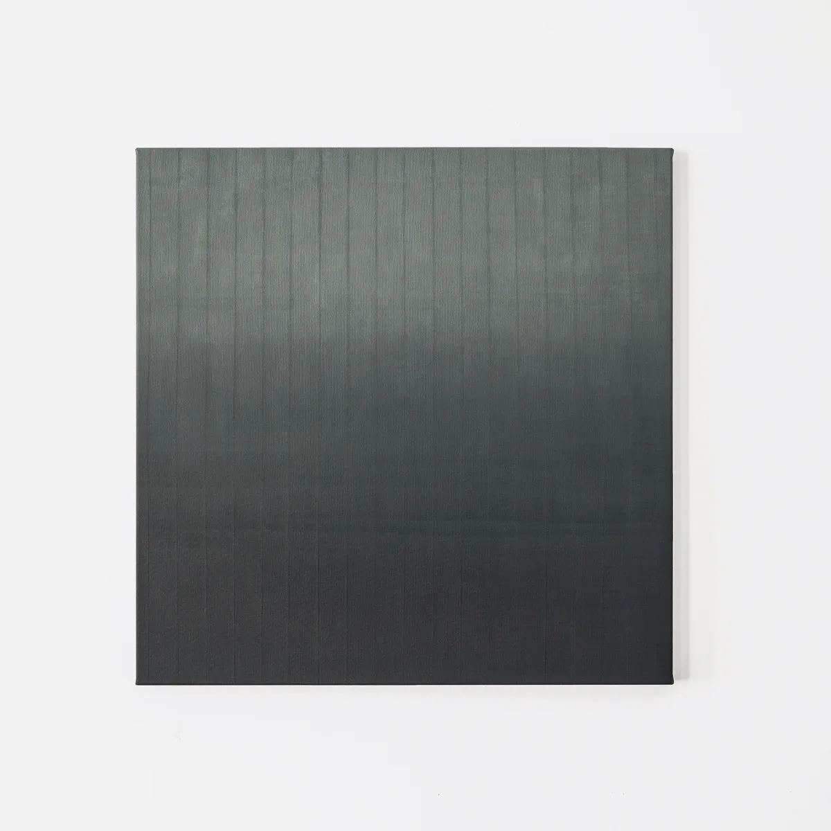 Minimalist acrylic painting by Marta Rószczka, cool blue-grey to deep charcoal with rhythmic vertical stripes on linen canvas.