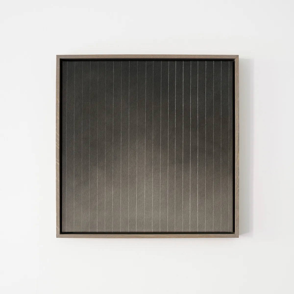 Minimalist acrylic painting by Marta Rószczka, dark charcoal to warm taupe with fine vertical stripes in oak frame.