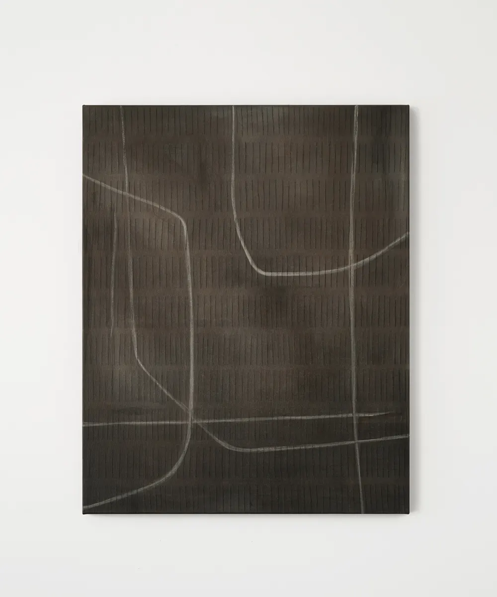 Abstract acrylic painting by Marta Rószczka, cool dark brown with beige intersecting lines on linen canvas.